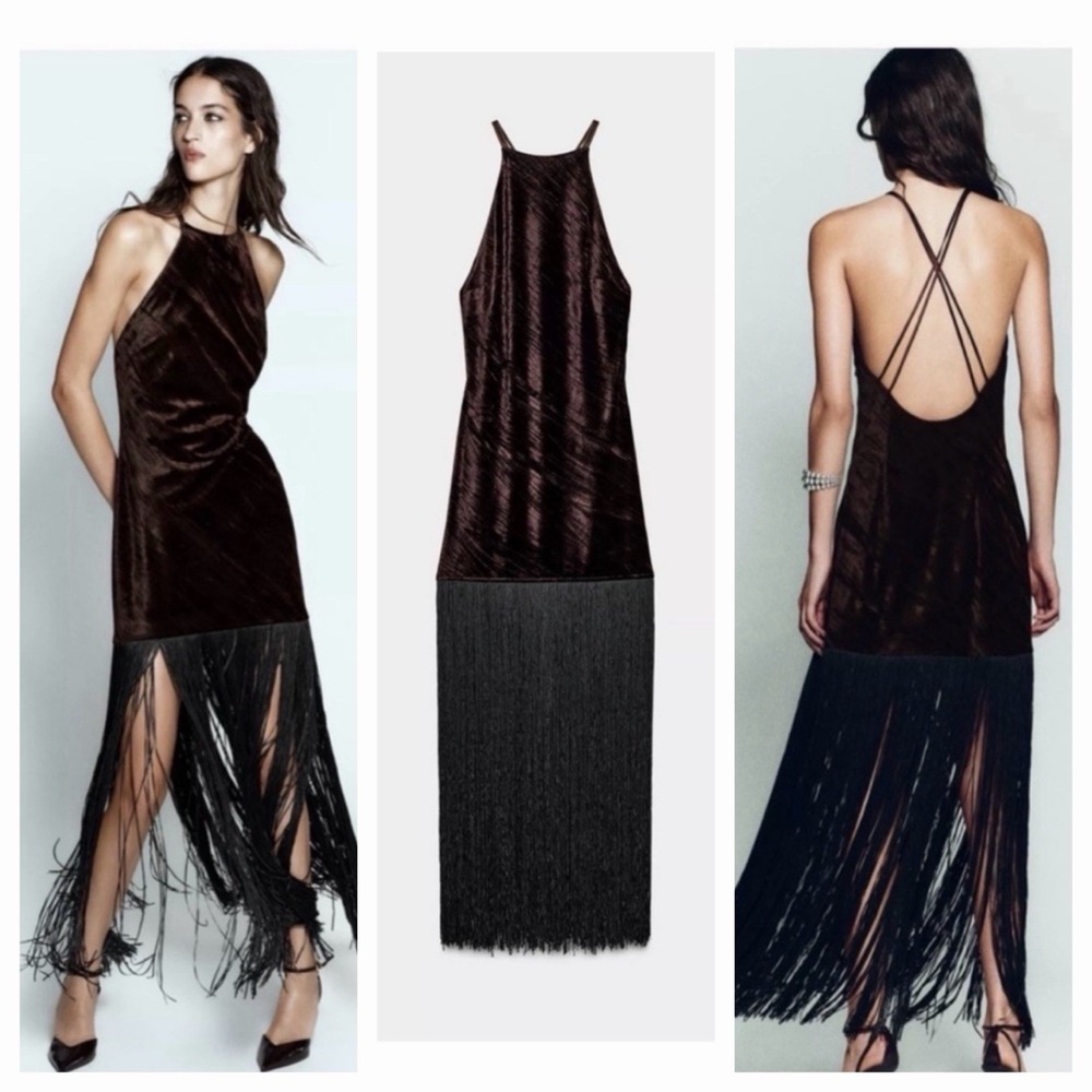 ZARA NWT Velvet Fringe Maxi Dress Mโข Brown Art Deco Glam 1920's Gatsby Cocktails